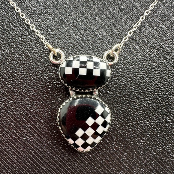 925 Sterling Silver Jewelry - Cute Black & White Checkered 🏁 Pendant Necklace Sterling Silver 925 Handmade